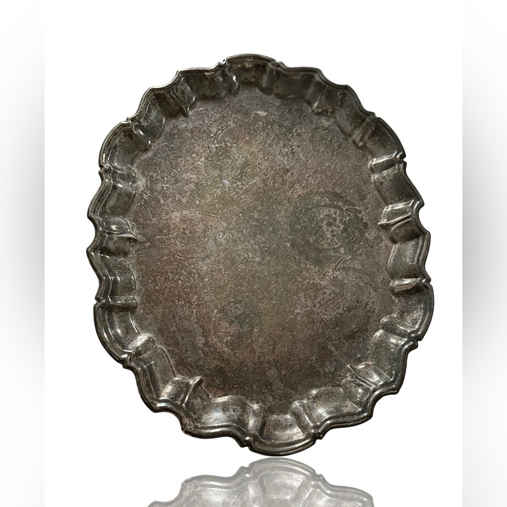 Vintage Genuine Silver Floral-Etched Bathroom Decor Oval Vanity Tray.